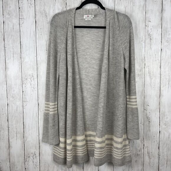 Vineyard Vines Sweaters - Vineyard Vines Cardigan Sweater Women L Gray White Merino Wool Open Lightweight